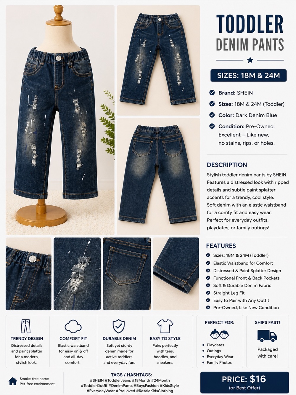 SHEIN Dark Denim Blue Distressed Toddler Jeans